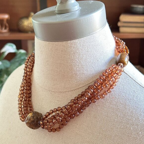 Vintage Brown Beaded Necklace Multi-Strand Plastic Beads with Floral Accent Bead - Picture 2 of 6
